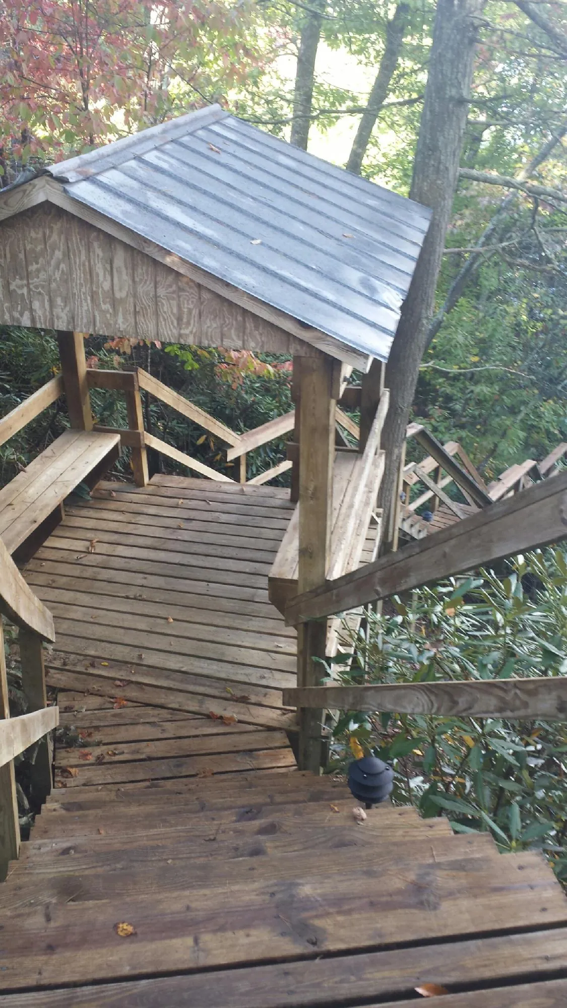 Metal roofed shelter over wooden steps on a wooded walkway — Skylight Repair & Installation work by our crew in Richford